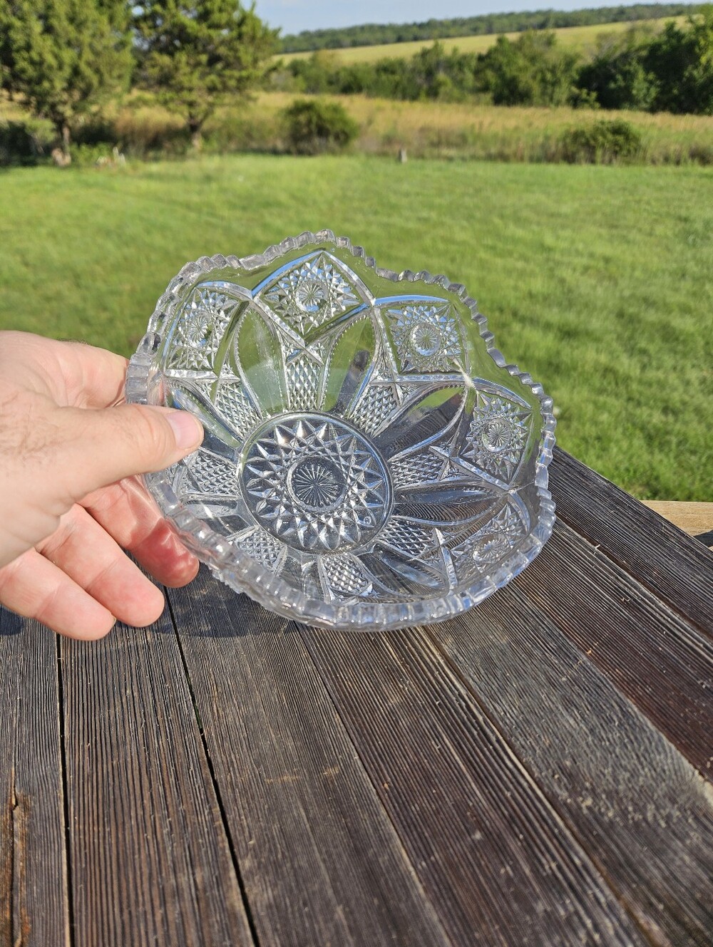 Antique ABP Cut Glass Bowl 7.5” Sawtooth Scalloped Edge Hobstar Starburst Vtg